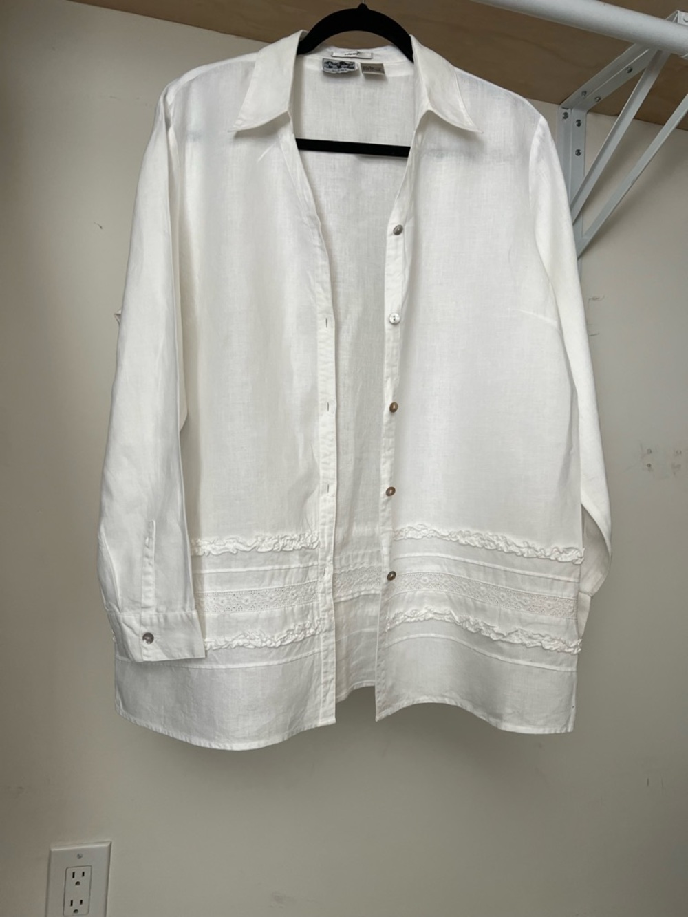 Edward women White Linen Button-Front Embroidered Hem Shirt